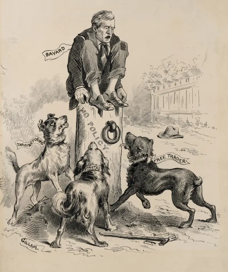 Bayard crouching atop tree stump ‘No Policy,’ terrorized by three angry dogs ‘Tariff Reformer,’ ‘Protectionist,’ ‘Free Trader’ av Bernhard Gillam