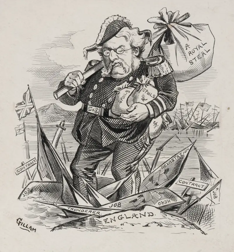 Karikaty av president Chester Arthur, här anklagad för att använda statskassans överskott till att bygga upp flottan. av Bernhard Gillam