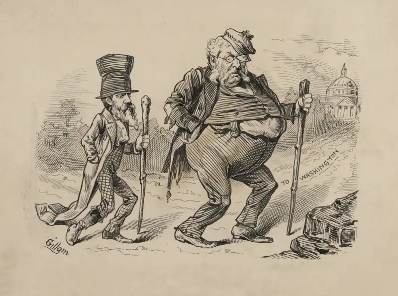 Chester Arthur and Thomas Platt walking to Washington, DC av Bernhard Gillam