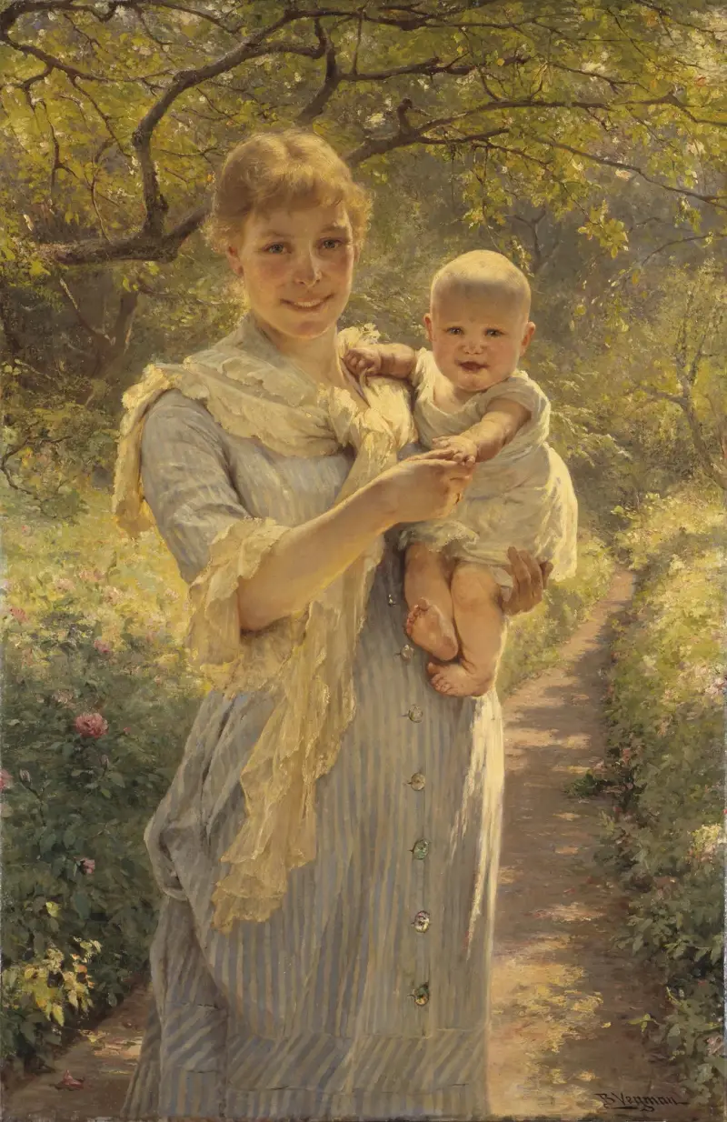 Young Mother with a Child in a Garden av Bertha Wegmann