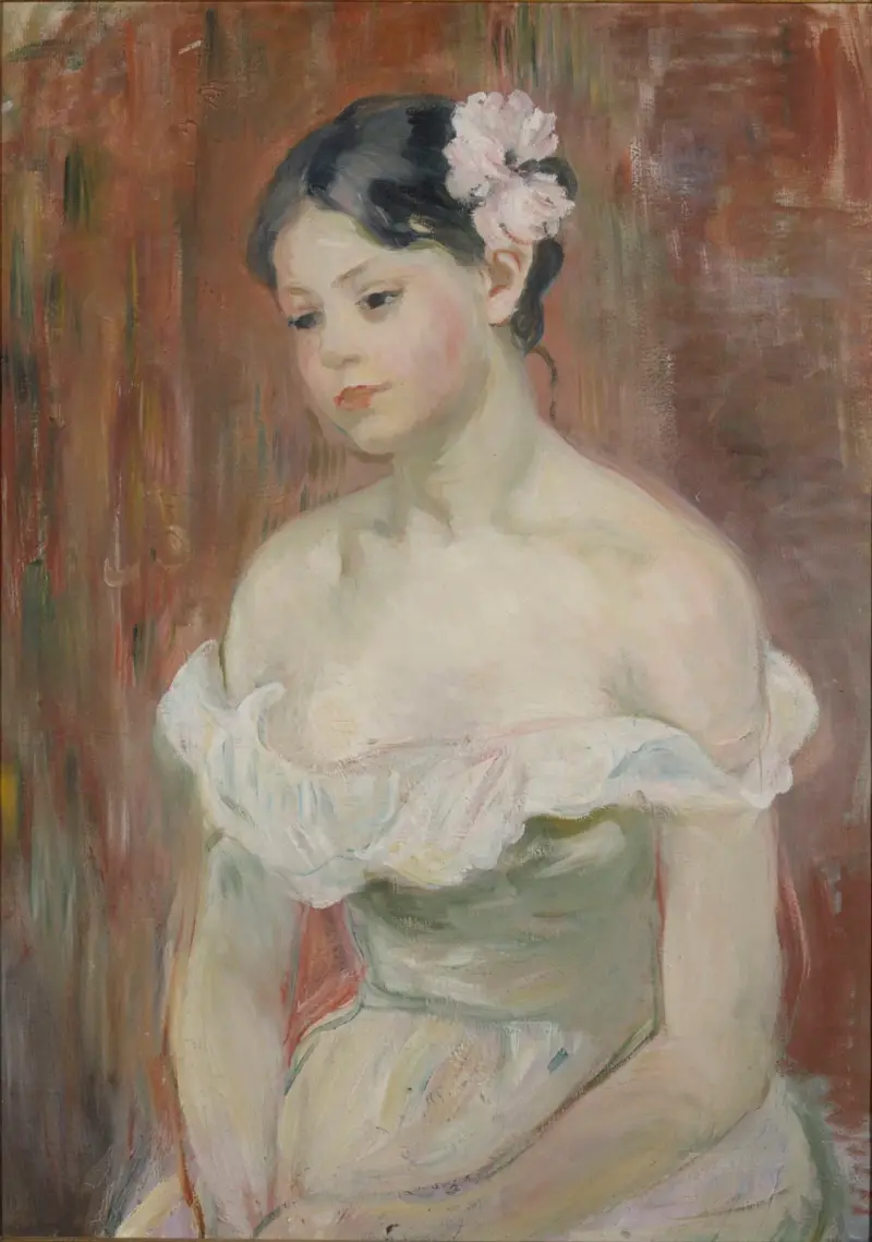 Ung flicka med dekolletage, blomma i håret av Berthe Morisot