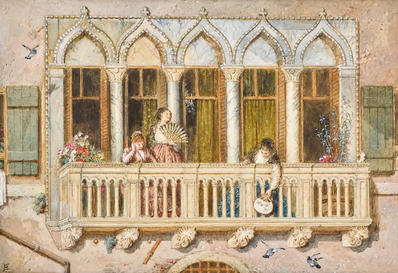 A balcony on the grand canal, Venice av Myles Birket Foster