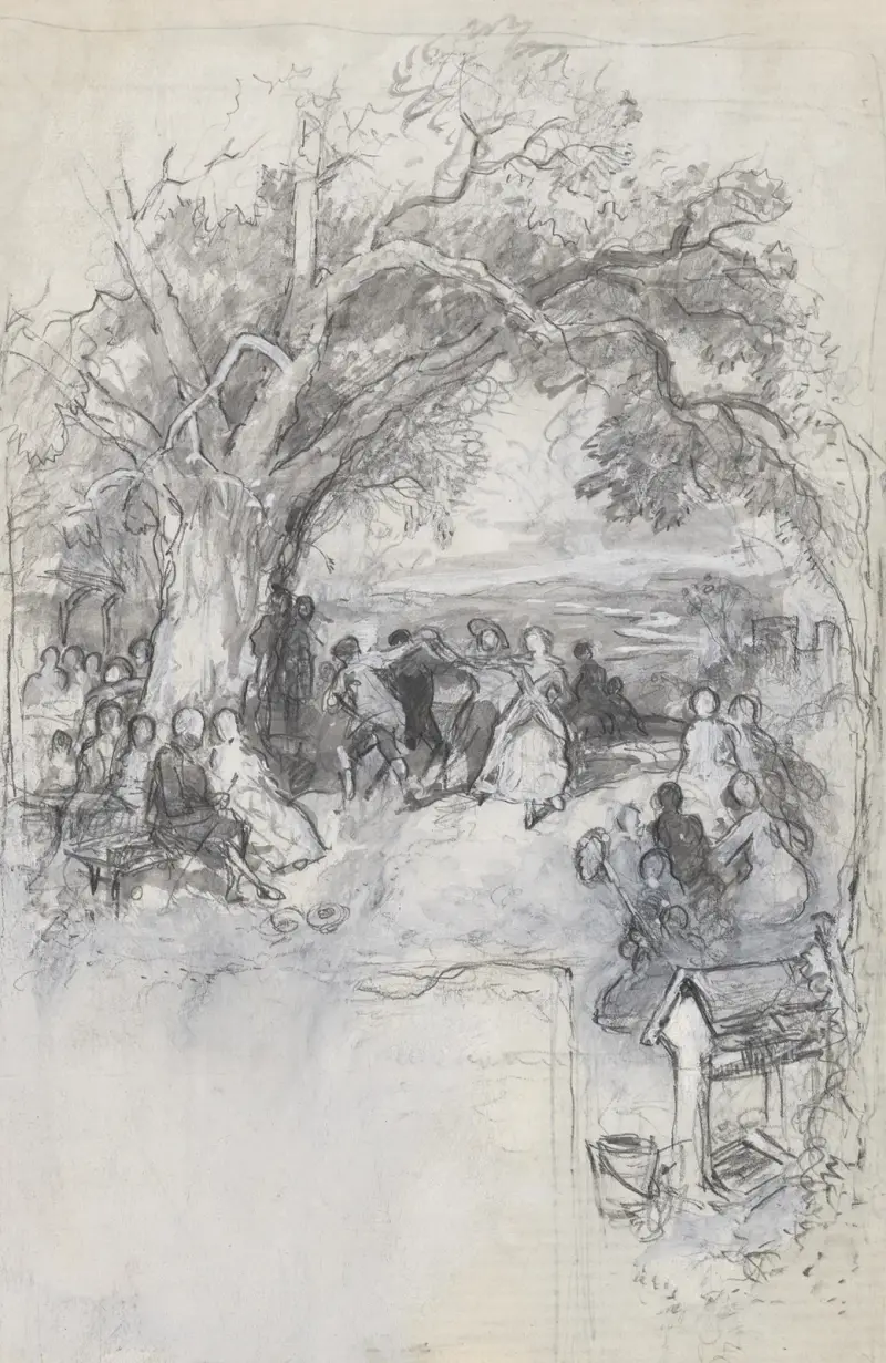 Große Menschengruppe im Freien von Myles Birket Foster