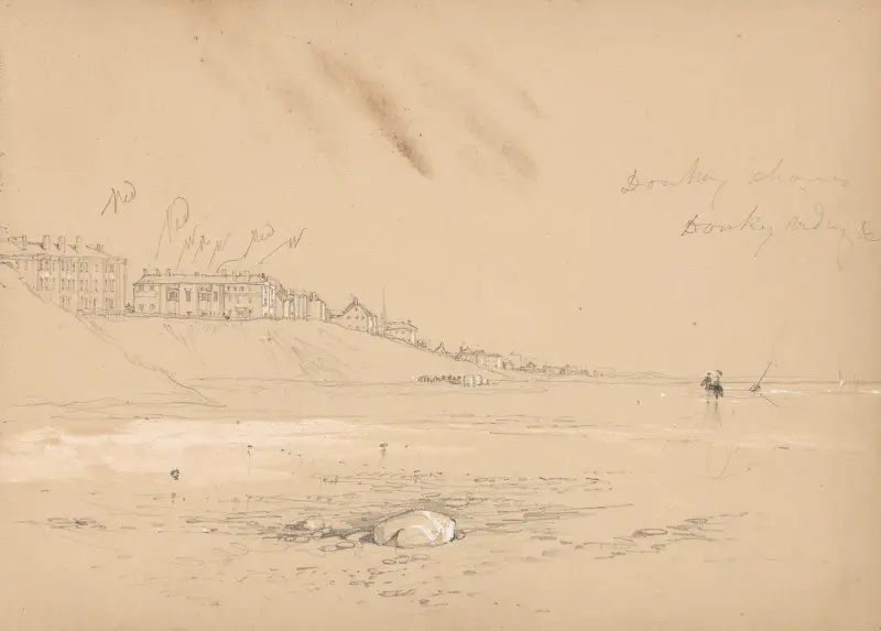 Topografische Skizze einer Küstenstadt mit Gebäuden und Strand von Myles Birket Foster
