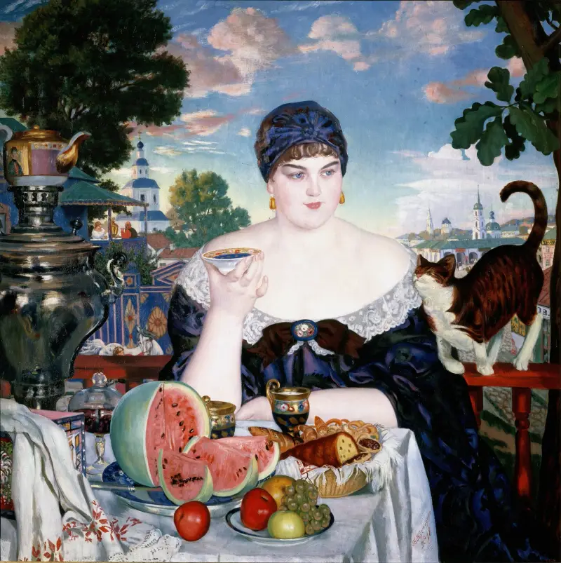 Kaufmannsfrau am Teetisch von Boris Kustodiev