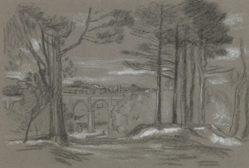 Landskap med tallar och akvedukt av Arthur Bowen Davies