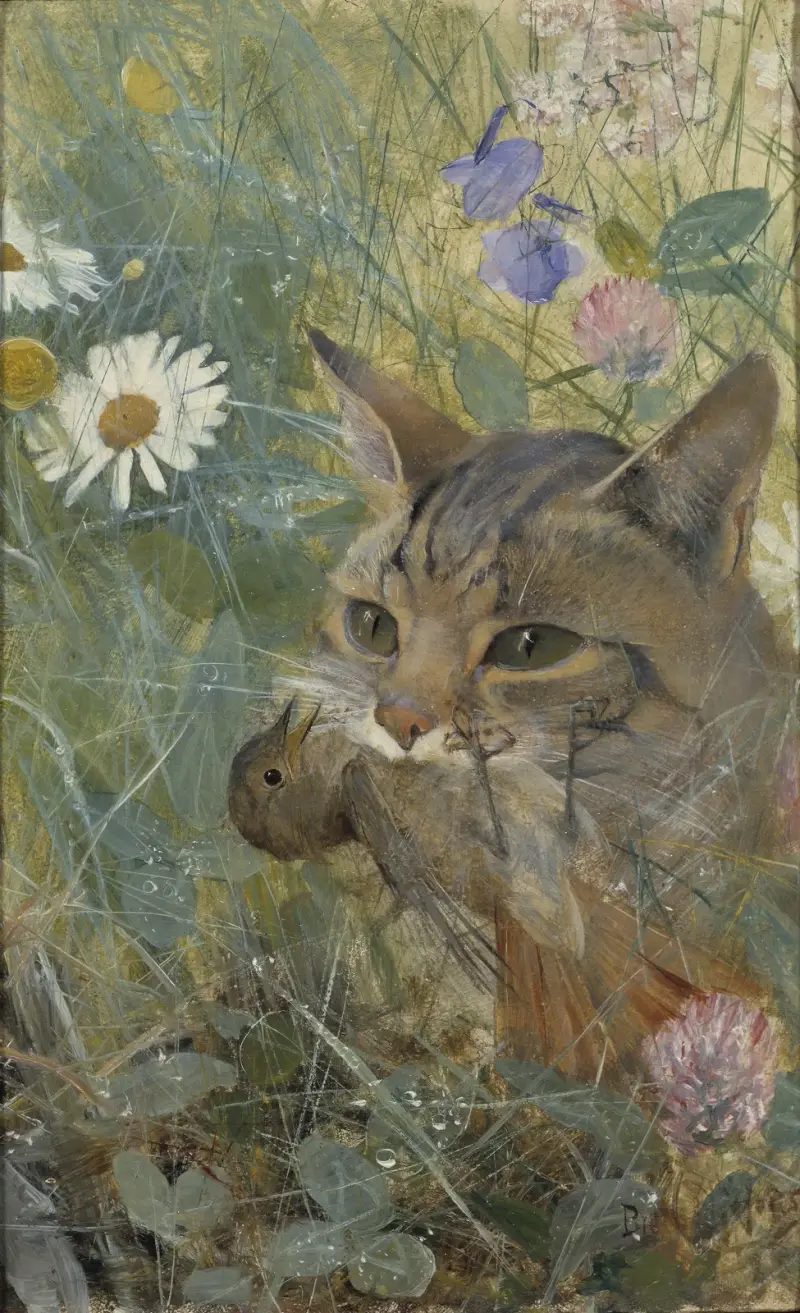 Katt med en ung fågel i munnen av Bruno Liljefors