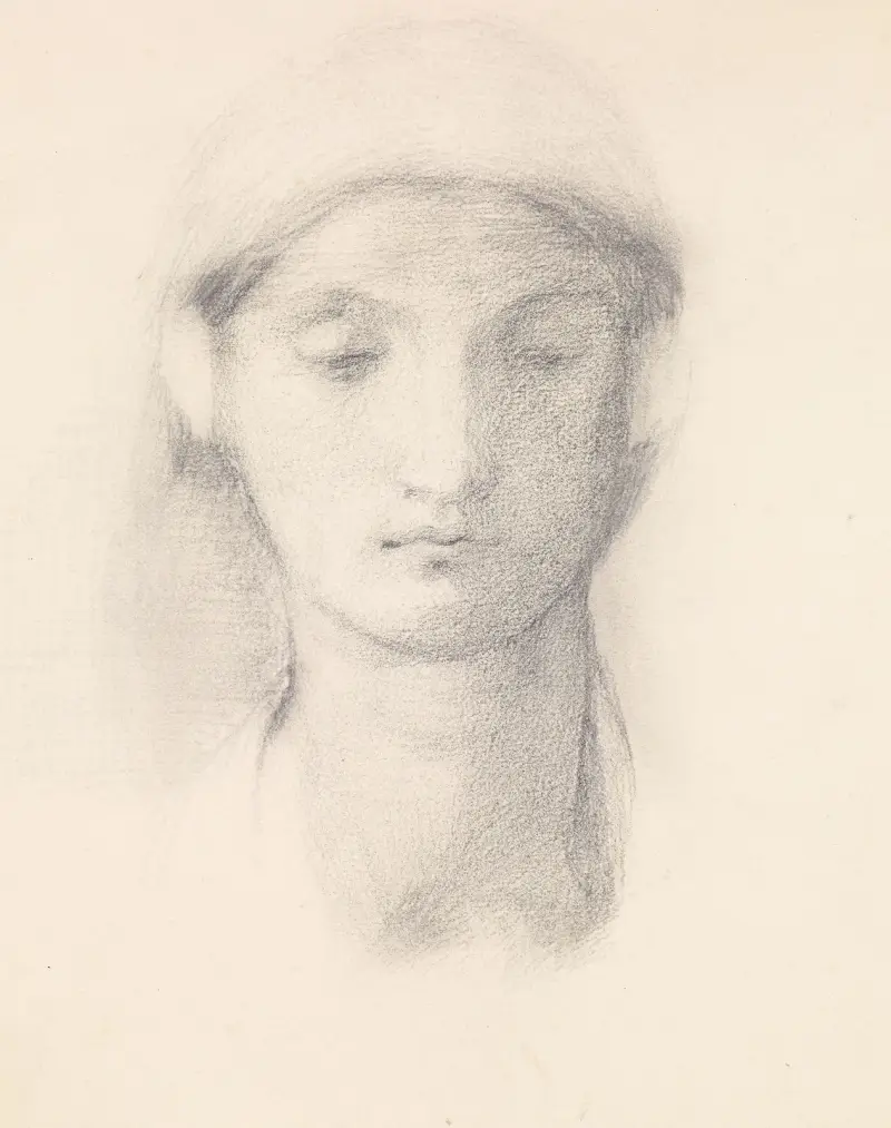 Kvinnligt huvud – studie från italiensk modell av Sir Edward Coley Burne-Jones