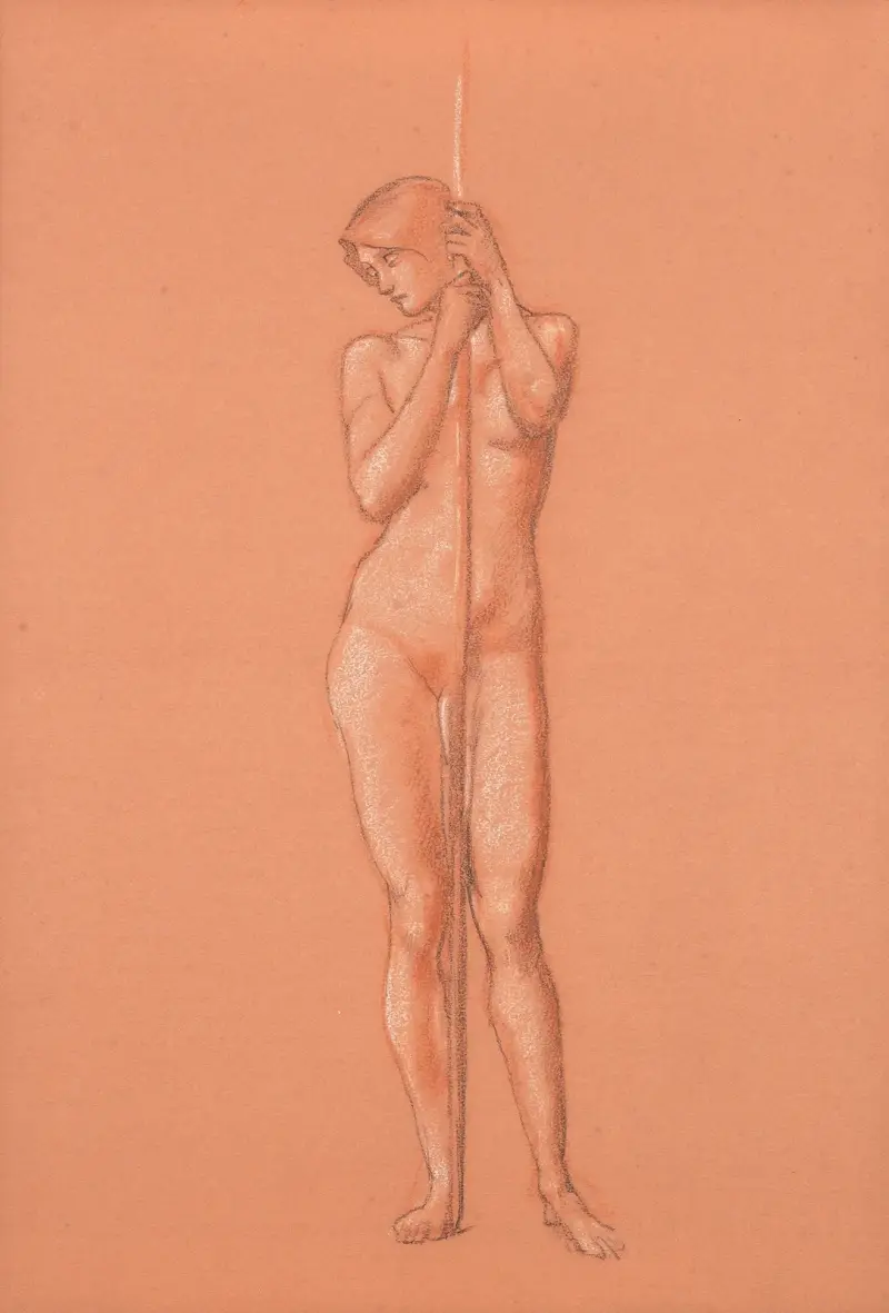 Nude study for attendant figure holding a spear in The Sleep of Arthur in Avalon av Sir Edward Coley Burne-Jones