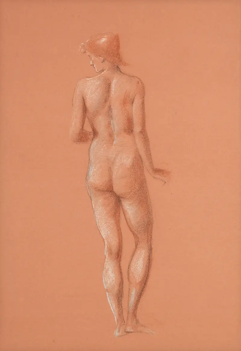 Nude study for attendant figure in The Sleep of Arthur in Avalon av Sir Edward Coley Burne-Jones