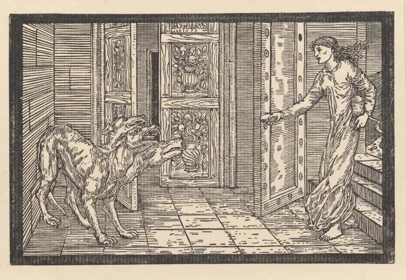 Psyche throwing the honey cakes to Cerberus av Sir Edward Coley Burne-Jones