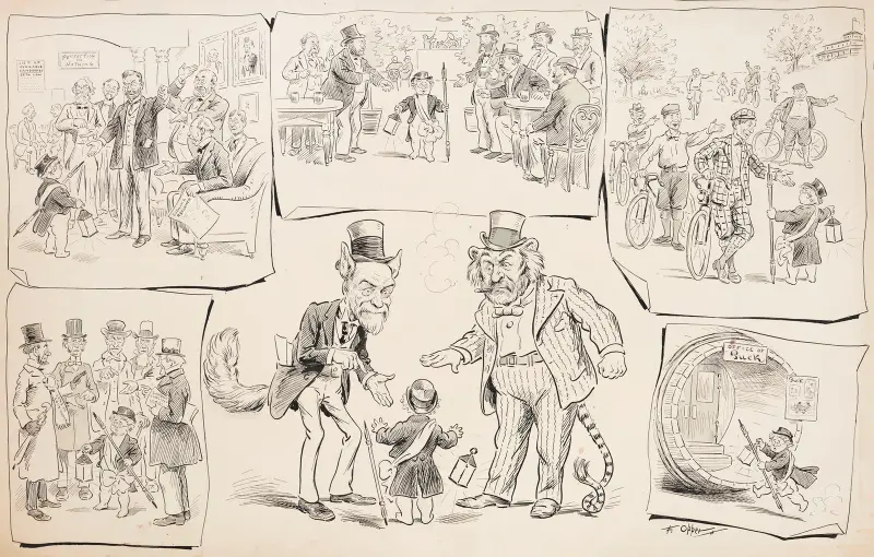 ‘Puck’s’ cherubic symbol out and about in the world. Six scenes including last of retreat back into ‘Puck Offices’ av Frederick Burr Opper