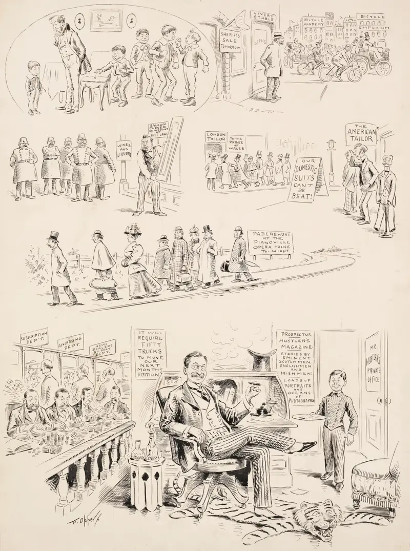 Scenes of the failure of a livery stable, saloon, and American tailors, and of the success of Hustler’s Magazine. av Frederick Burr Opper
