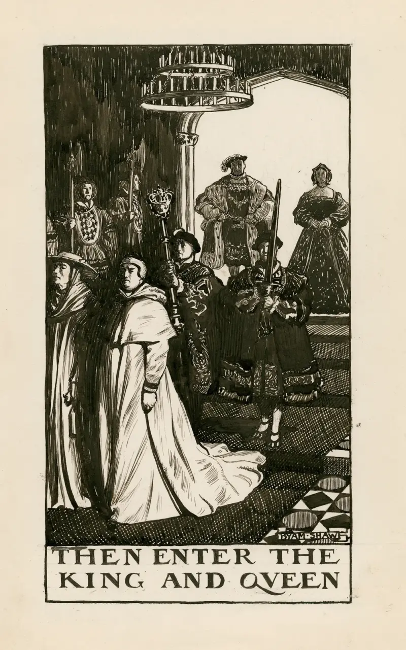 Kung Henrik VIII; Sedan kommer kungen och drottningen in, akt II scen IV av Byam Shaw