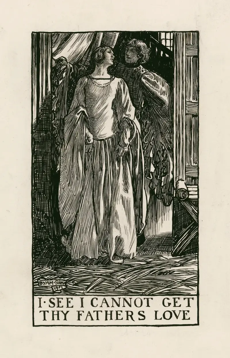 Muntra fruarna i Windsor; jag ser att jag inte kan vinna din fars kärlek, akt III scen IV av Byam Shaw
