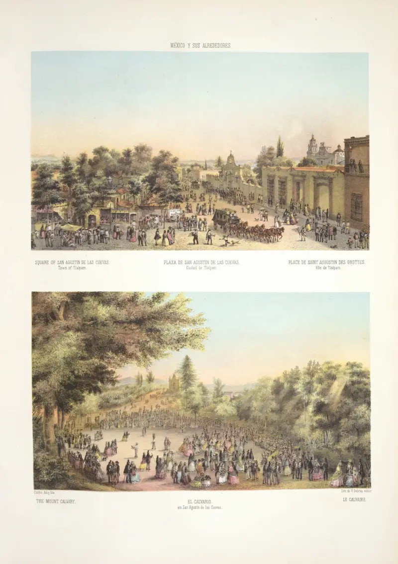 Torget i San Agustín de las Cuevas, staden Tlalpam; Kalvarieberget av C. Castro