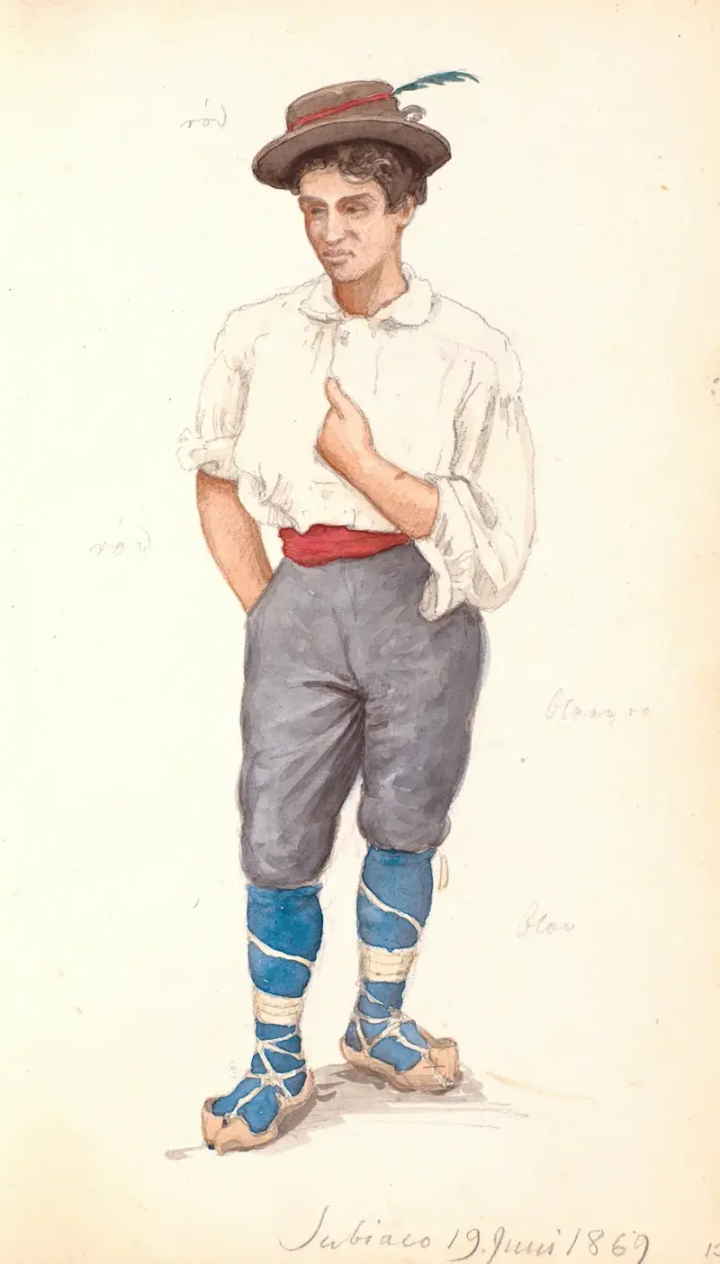 Italiensk man med snörmakeri på skon och hatt med fjäder av P. C. Skovgaard