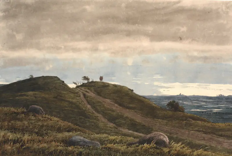 Landskap med sandig väg över en ljungbacke. Till höger utsikt över vidsträckt land med torvmossar. Från Raageleje-egnen av P. C. Skovgaard