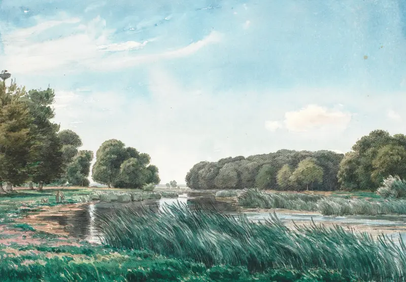 Trädbevuxet landskap med en sjö och tre barn som står och fiskar av P. C. Skovgaard