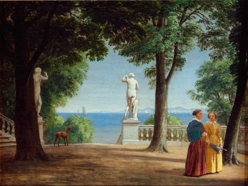 View towards Kullen from a garden terrace with statues av P. C. Skovgaard