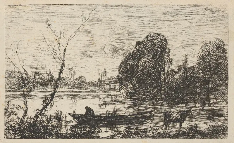 Avray Town; Pond with boatman (Effect of evening) av Jean-Baptiste-Camille Corot