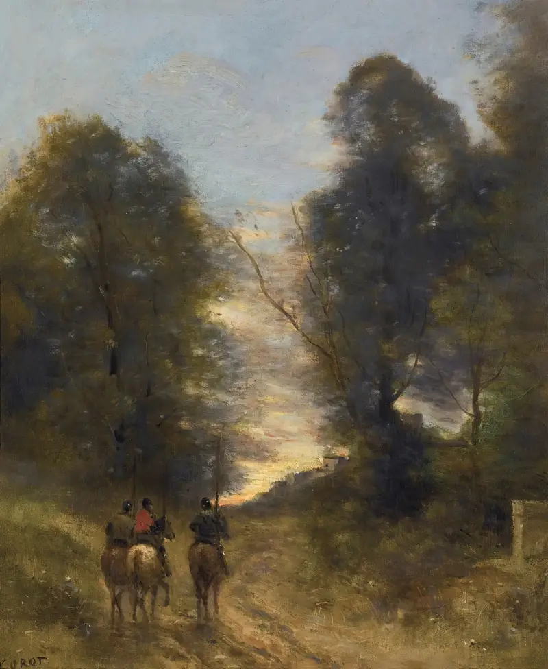 Galliska ryttare i ett landskap av Jean-Baptiste-Camille Corot