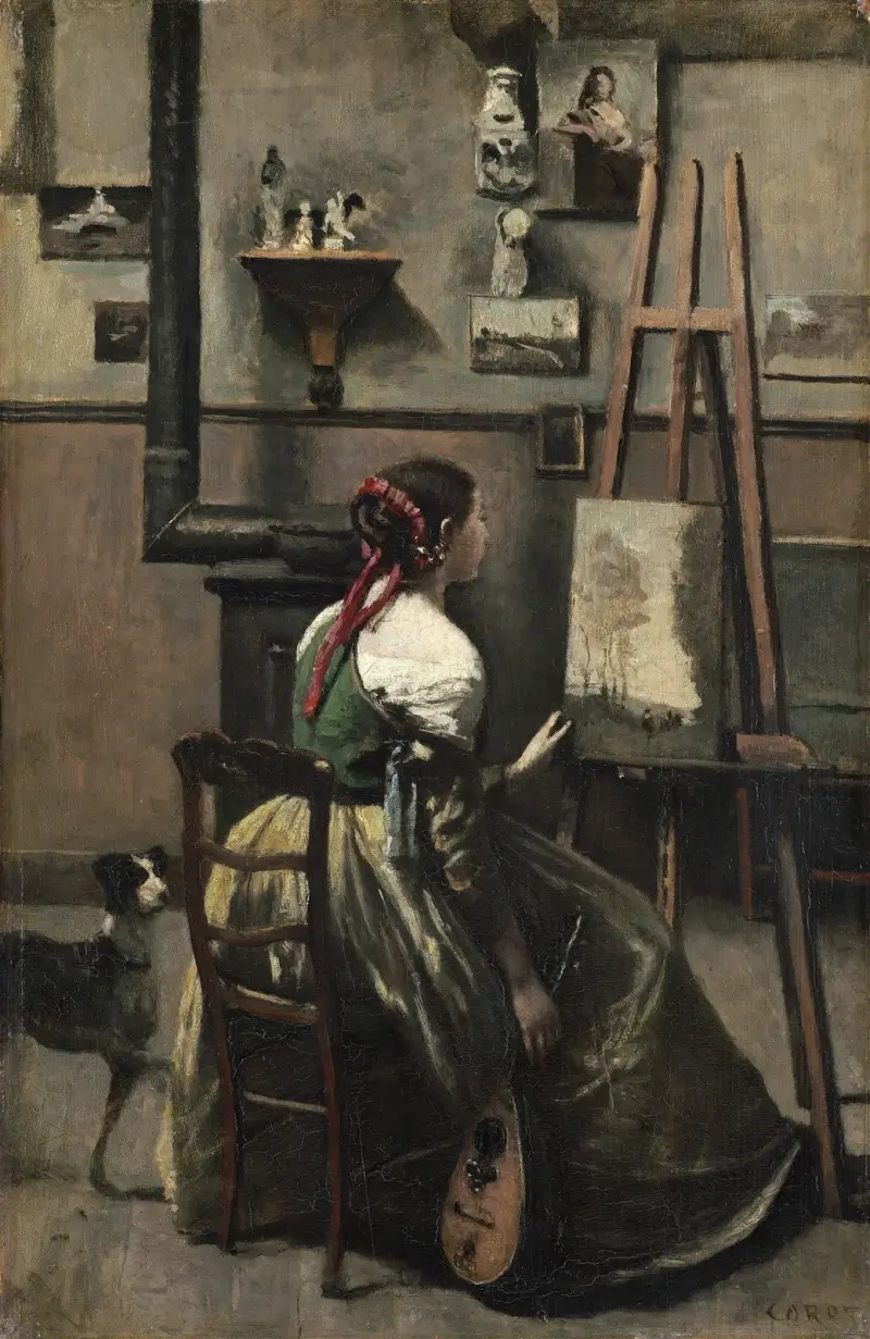 Corot’s Studio – Woman Seated Before an Easel,a Mandolin in her Hand av Jean-Baptiste-Camille Corot