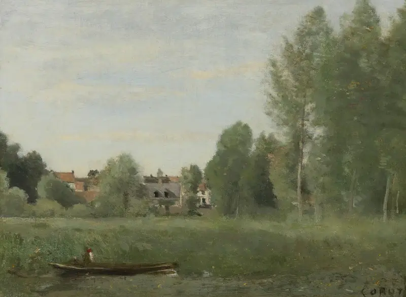 Omgivningarna kring Mantes, små boningar gömda bland träden nära vattenbrynet av Jean-Baptiste-Camille Corot
