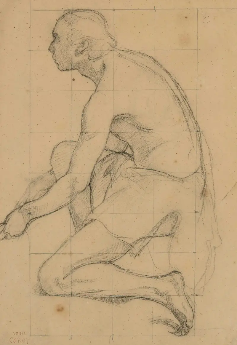 Studie av en knäböjande man av Jean-Baptiste-Camille Corot