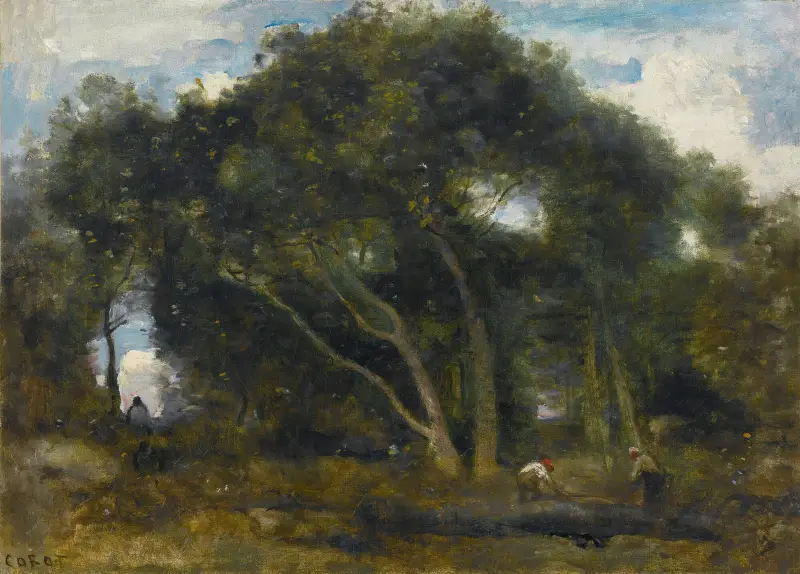 Fontainebleau-Chênes Inclinés Dans Une Éclaircie De Forêt av Jean-Baptiste-Camille Corot