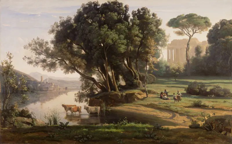 Italian Landscape (Site d’Italie, Soleil Levant), 1835 av Jean-Baptiste-Camille Corot