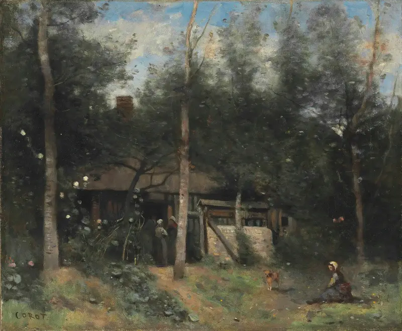 Stugan med fläderbuskarna, Normandie av Jean-Baptiste-Camille Corot