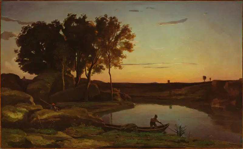 Landscape with Lake and Boatman av Jean-Baptiste-Camille Corot
