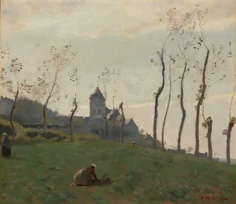 Le Tréport – Un pré et l’église av Jean-Baptiste-Camille Corot
