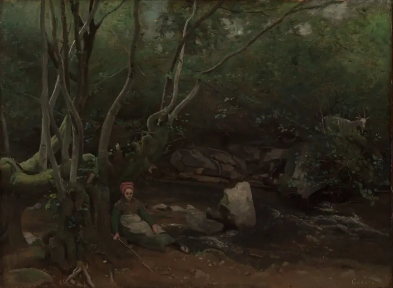 Lormes Goat-Girl, Sitting Beside a Stream in a Forest av Jean-Baptiste-Camille Corot