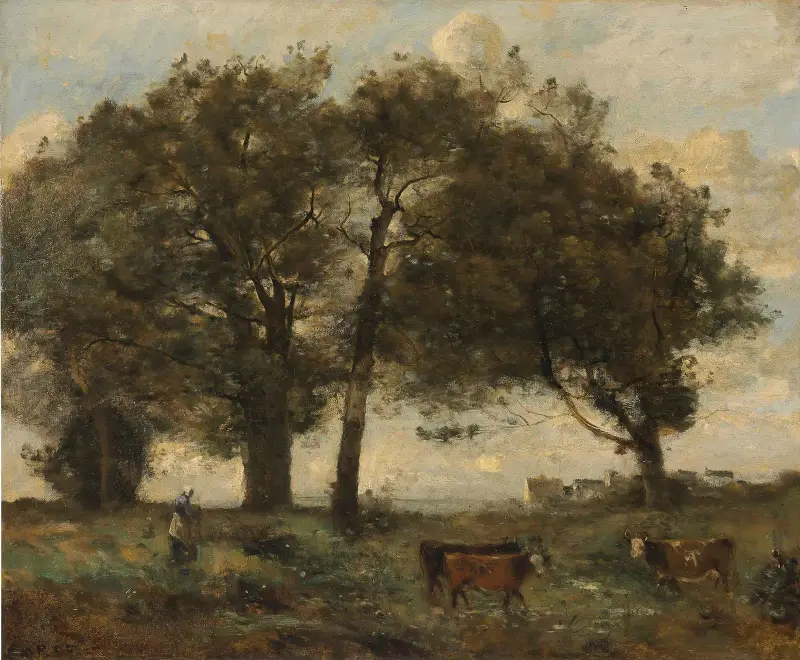 Marecages Boisée Avec Trois Vaches av Jean-Baptiste-Camille Corot