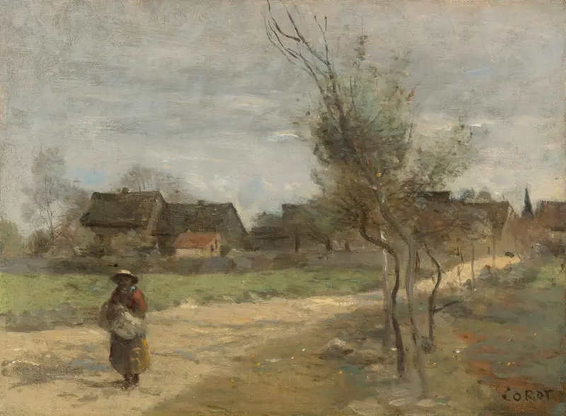 Paysanne Sur Une Route En Vue D’un Village av Jean-Baptiste-Camille Corot