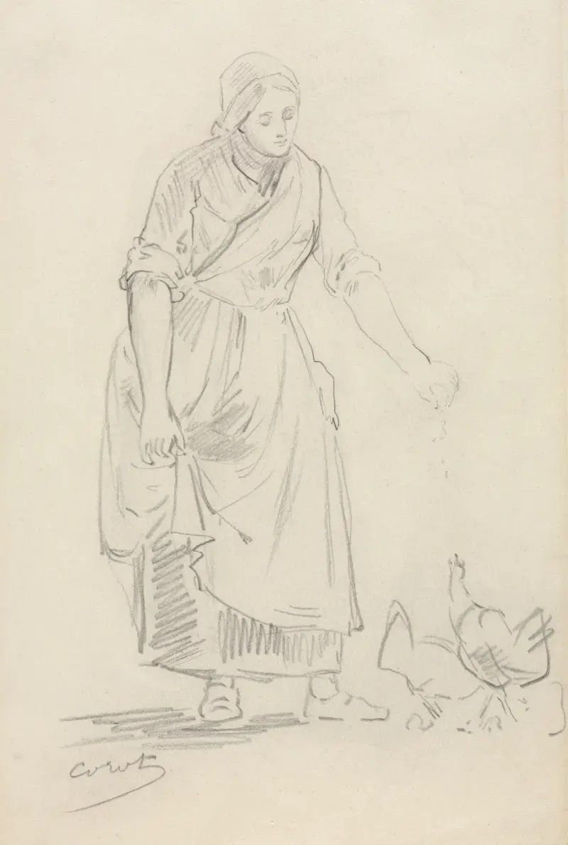 Peasant Girl Feeding Chickens (1800s(?)) av Jean-Baptiste-Camille Corot