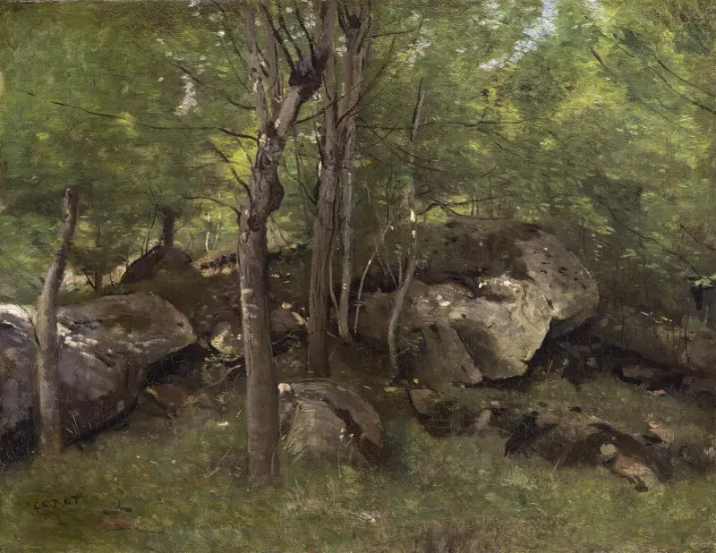 Rocks in the Forest of Fontainebleau av Jean-Baptiste-Camille Corot