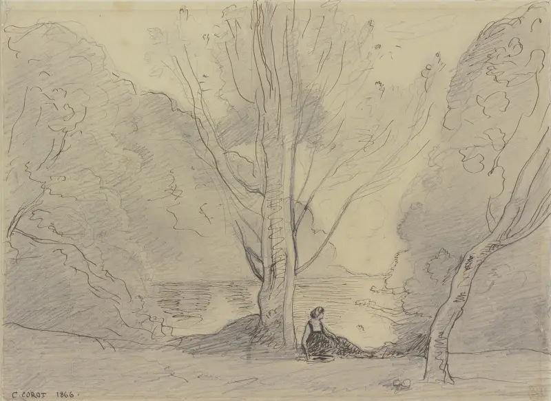 Ruhende Frau unter Pappeln am Fluß av Jean-Baptiste-Camille Corot