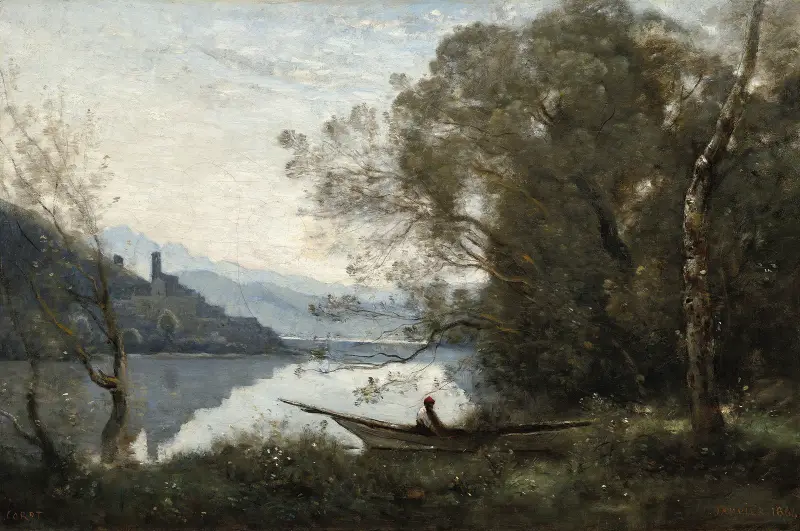 The Moored Boatman – Souvenir of an Italian Lake av Jean-Baptiste-Camille Corot