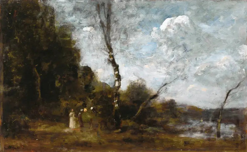 Three Peasant Women By A Wood av Jean-Baptiste-Camille Corot
