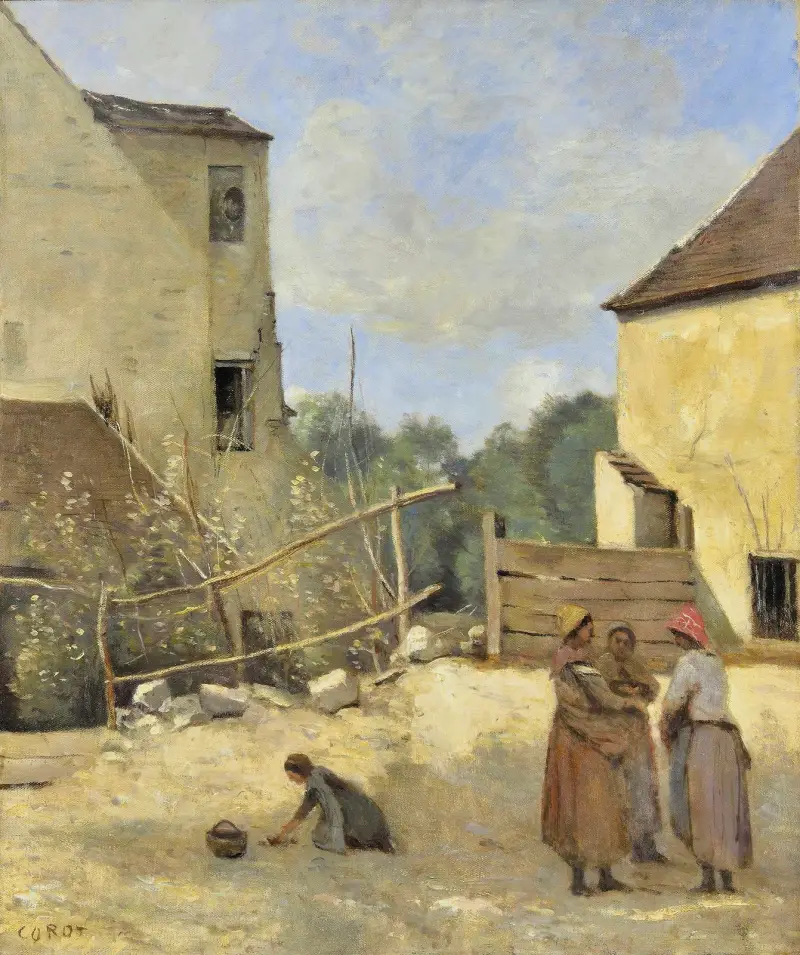 Trois Paysannes Causant Dans Une Cour Rustique av Jean-Baptiste-Camille Corot