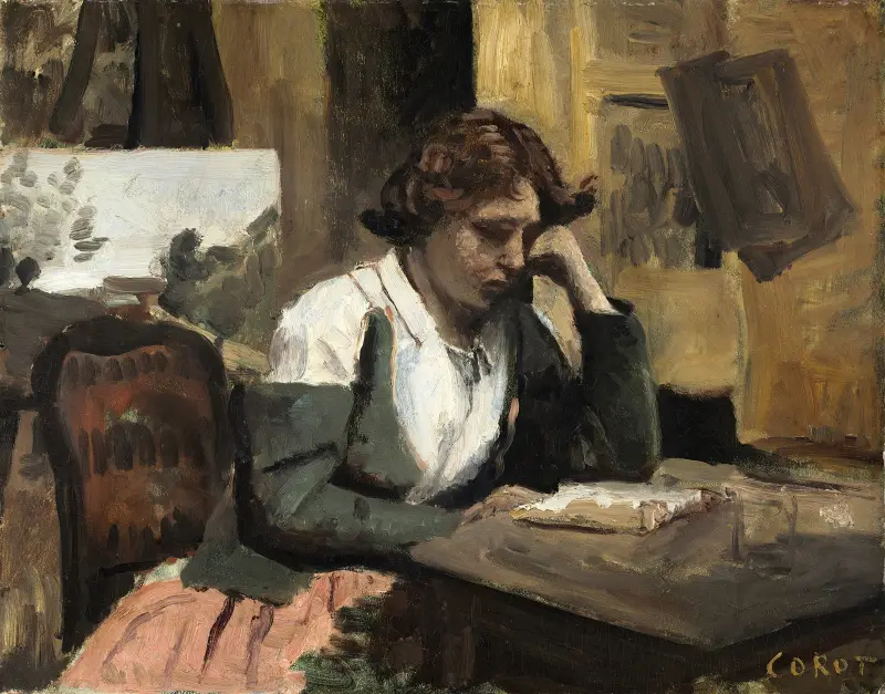 Woman Reading in the Studio av Jean-Baptiste-Camille Corot