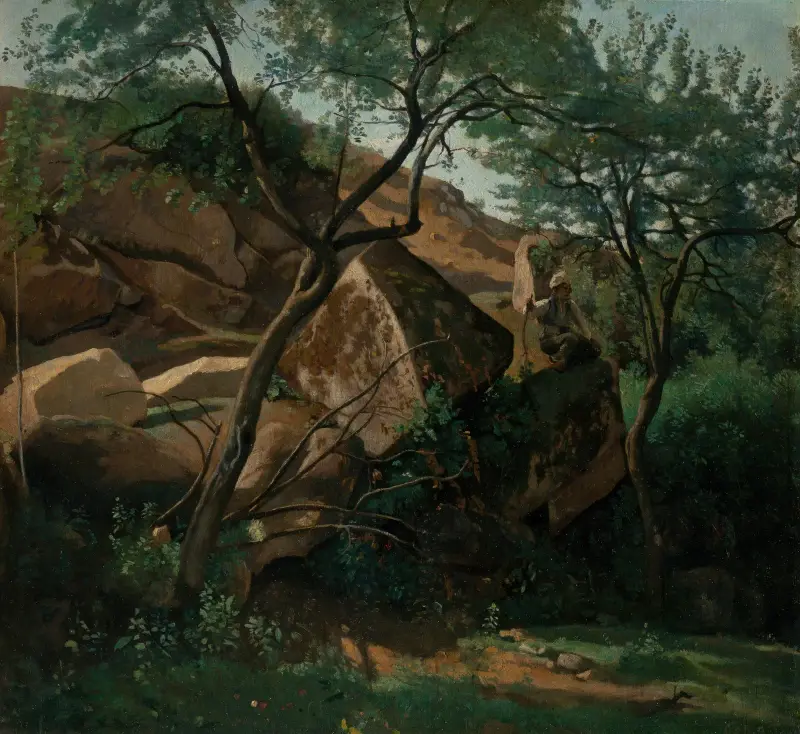 Young Shepherd among the Rocks (Forest of Fontainebleau) av Jean-Baptiste-Camille Corot