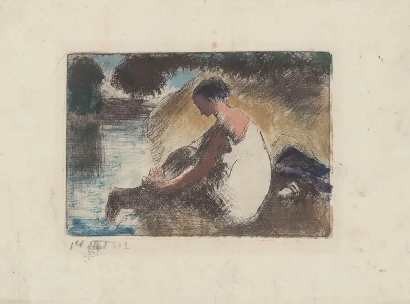 Baigneuse mettant ses ba av Camille Pissarro