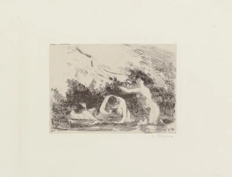 Baigneuses à l’ombre des berges boisées av Camille Pissarro