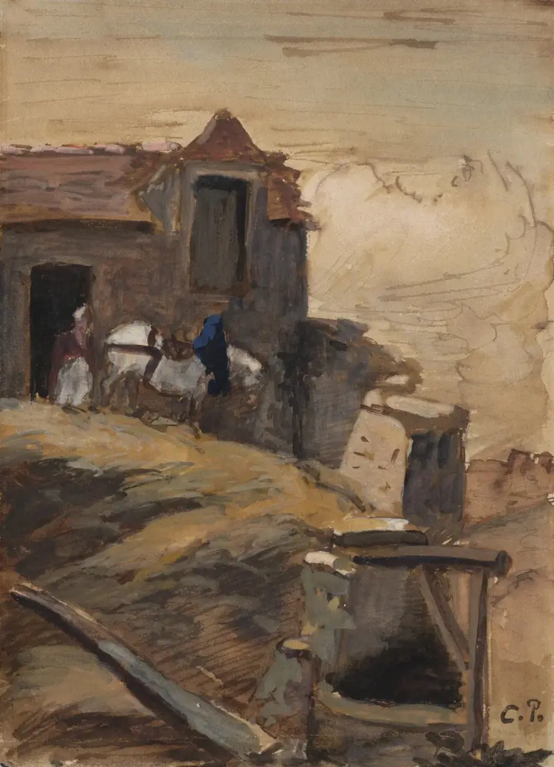 Cheval blanc devant une ferme av Camille Pissarro