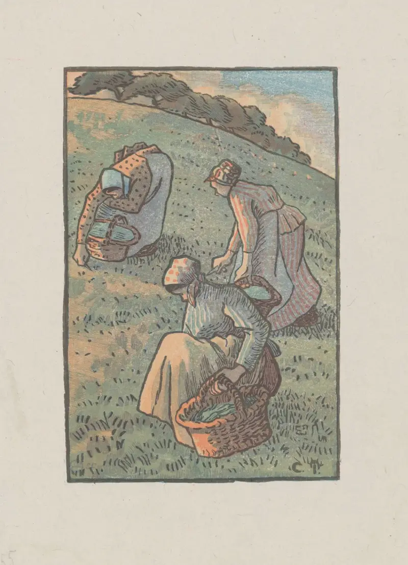 Kvinnor som plockar gräs av Camille Pissarro