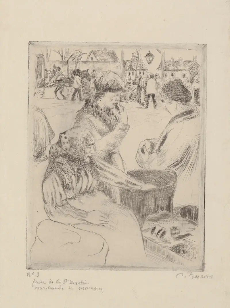 Foire de la Saint-Martin, marchande de marrons av Camille Pissarro